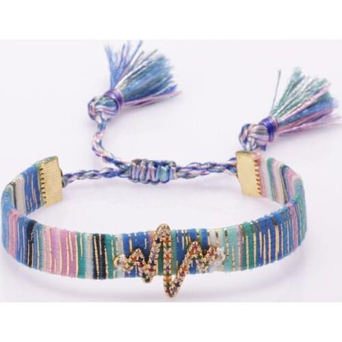 Rainbow cz pave heart beat line love charm beads bohemia cotton silk wristband adjustable gold bracelet for woman gift for her