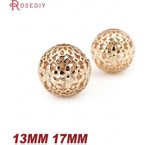 C268)4 pieces 13mm 17mm 24K Champagne Gold Color Plated Brass Hollow Flower Spacer Beads High Quality Diy Jewelry Accessories