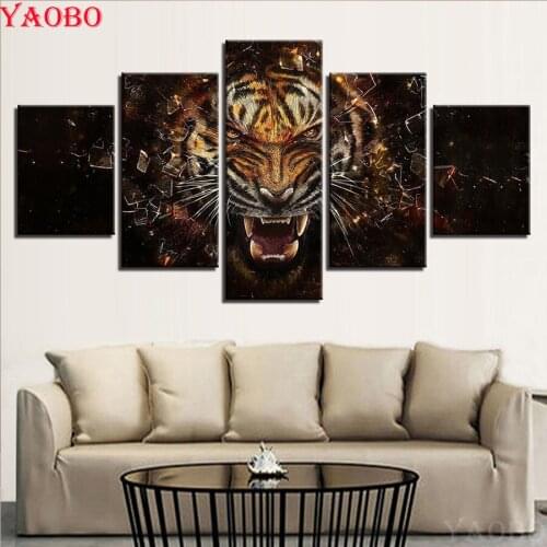 DIY Diamond Painting Cross Stitch Kits Diamond Embroidery Tiger Animal Full square round Diamond Mosaic Needlework 5pcs/set