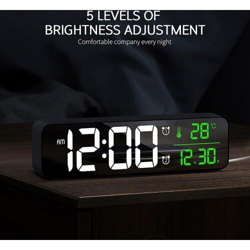 Electronic Alarm Clock Noiseless Design Digital LED Large Display Mirror Power Off Memory Function Built-In Button Battery Clock