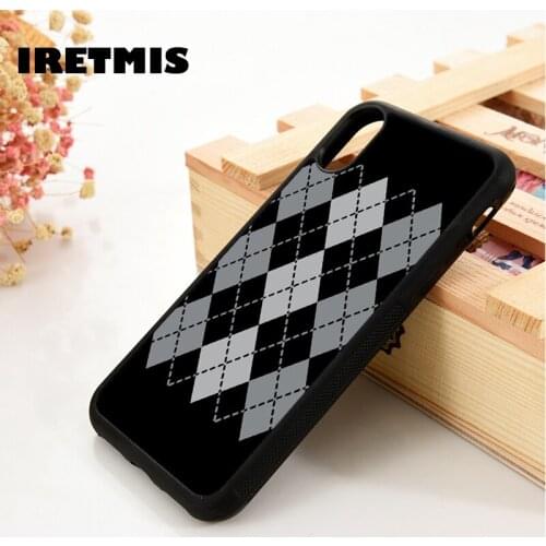 Iretmis 5 5S SE 6 6S TPU Silicone Rubber Phone Case Cover for iPhone 7 8 Plus X Xs 11 12 MINI Pro Max XR Grey Argyle Design