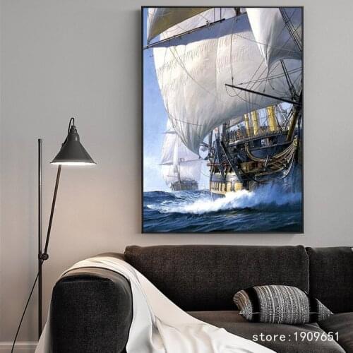 No frame classical white sailing boat seascape wave canvas printings oil painting printed on cotton wall art decoration picture