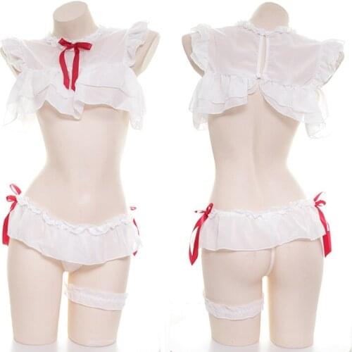 Red Ribbon Chiffon Sexy Womens Lingerie 2PCS Set Transparent Shirt & Ruffles Trim G-string T-back Panties Cute Exotic Apparel