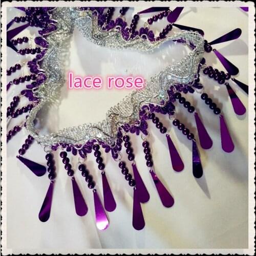 3yards/lot Purple Beaded Tassel Fringe Lace Ribbon Sequin Lace Trim For Dance/Stage Dress Clothing Sew On Garment Accessories