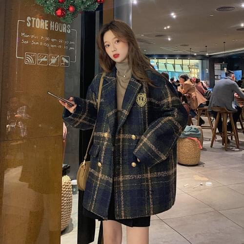 Fashion Women suits Preppy style Oversize Plaid suit Woolen coat Loose Long ladies overcoat Casual female HOT women jacket