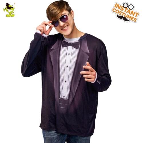 Mens Party T-Shirt Long Sleeve Cosplay Costume Halloween Dress Up Suit Bow Tie Black Gentleman Party Dress
