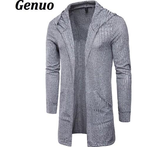 Genuo Mens Sweater Long Sleeve Cardigans Male Casual Solid Hooded Long Coat Clothings Fashion Autumn Shirt Men Streetwear