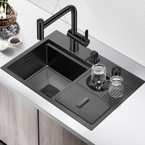 New Nanometer Black Hidden Sink High Pressure Cup Rinser With Trash Can Sink 4mm Thickness Handmade Kitchen Sinks