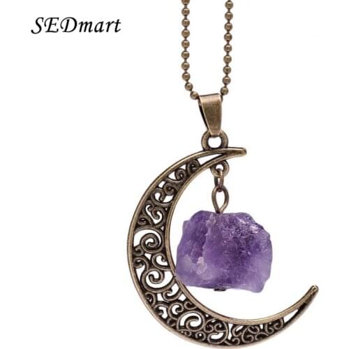 SEDmart Handmade Natural Pink Crystal Antique Bronze Galaxy Moon Pendant Necklace Healing Stone Christmas Gift Women Jewelry
