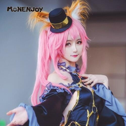 Monenjoy Fate EXTRA Tamamo no Mae Cosplay Wig Mizukume Jet Black Mage Small Twin-tail Pink Cos Hair