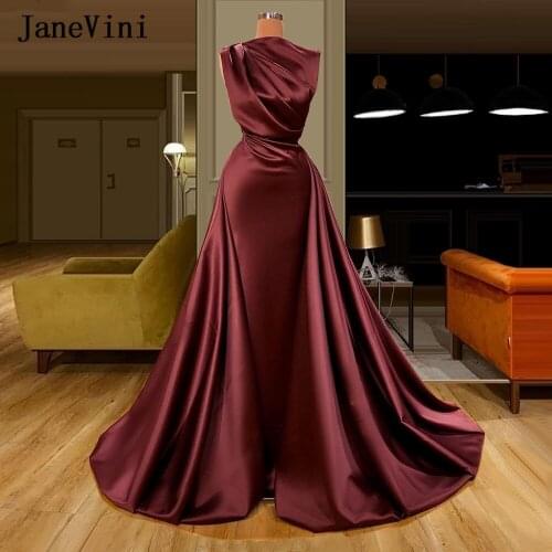 JaneVini 2020 Burgundy Muslim Simple Long Evening Dresses Pleat Satin Arabic Mermaid Dubai Plus Size Formal Dress Lange Jurken