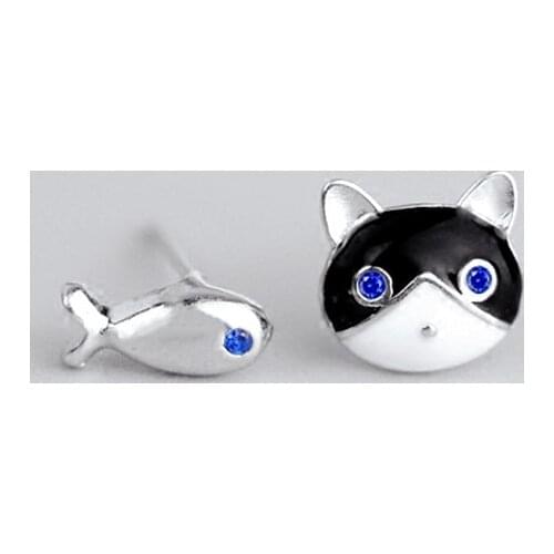 925 Sterling Silver Asymmetry Cute Cat Fish Stud Earrings For Women Boucles d'oreilles PartyJewelry Girl eh079