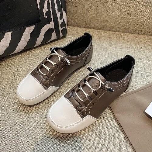 2021 New imitation leather handmade womens shoes simple soft sole lace-up shoes brown khaki daily flat shoes casual style