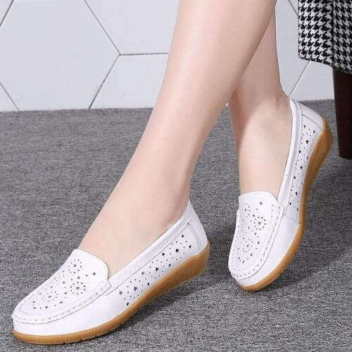 Women Loafers Plus Size 44 Women Genuine Leather Shoes Slip On Low Heel Chaussures Femme Casual Hollow Flat Shoes Cowhide Sandal