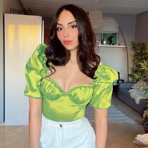 Y2K 90S Aesthetic Green Puff Sleeve Top Woman Tshirts Sexy Squaer Collar Corset Femme T-Shirts Cute Kawaii Clothes 2021 Spring