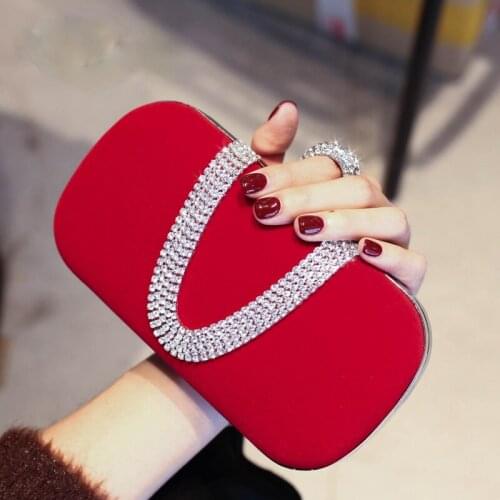 Suede Velvet Rhinestone Stud One Ring Evening Party Wedding Purses Clutch Bag