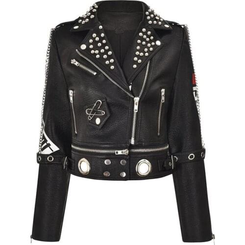 Spring Punk Rock Green Leather Jacket Women Eyelet and Rivet Fashion Printing Streetwear Short Motorcycle Jackets and Coat