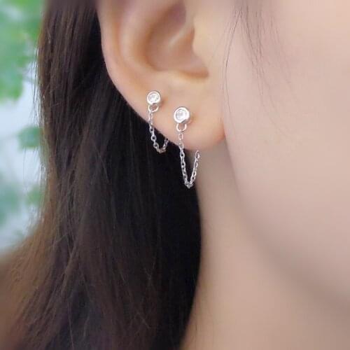 925 sterling silver round zircon ear chain stud earring temperament series double three ear hole tassel cool trend girl ear jewe