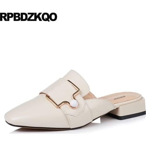 Ladies slip on slippers 2021 square toe chinese designer shoes china genuine leather mules japanese metal work low heel women