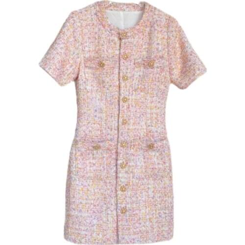 French style small fragrance tweed weave dress women single breasted short sleeve slim a-line dress