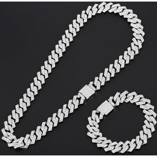 15mm Miami Prong Cuban Chain Link Silver Color Necklaces 2 Row Full Iced Out Rhinestones Bracelet Set for Mens Hip Hop Chains-2