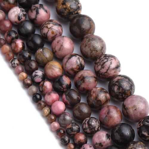 4 6 8 10 12mm Black Line Rhodonite Loose Natural Stone Beads for Jewelry Making DIY Bracelet Necklace