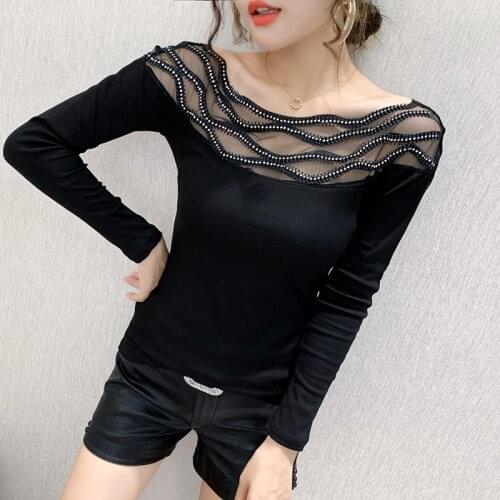 #5672 Spring Summer Short Sexy T Shirt Women Spliced Mesh Slash Neck Tight Top Female Slim Hollow Out T Shirt For Girl Cotton