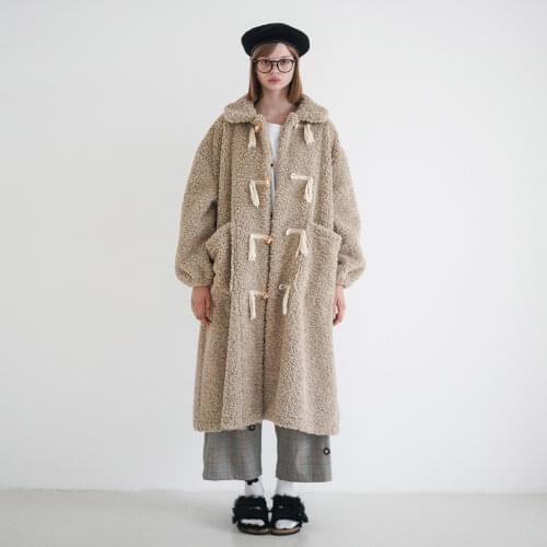 Imakokoni original design woolen Japanese horn button lamb hair long coat thick autumn and winter new
