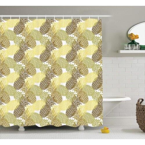 Pineapple Shower Curtain Summer Themed Overlapping Curving Exotic Tropical Pineapples with Lines Print Fabric Bathroom Decor