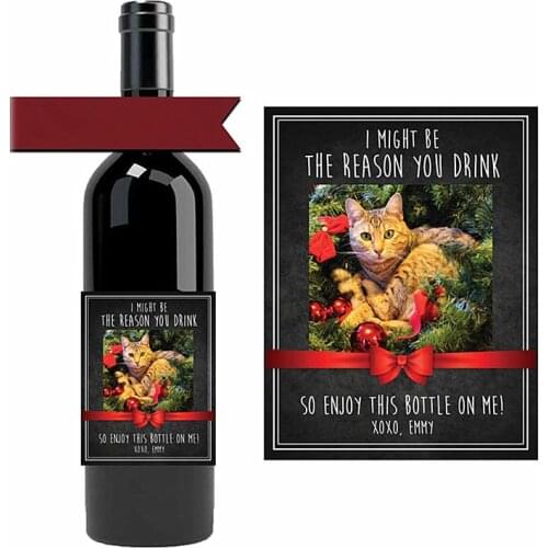 Custom photo Wine Bottle Label,Christmas pet gift,holiday gift from cat,christmas present for cat lover,pet sitter funny gift