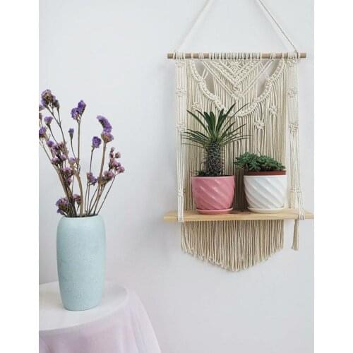 Macrame Tapestry Tassels Plant Shelf Bohemian Hand-woven Wooden Shelf Wall Hanging Tapestry Decor Wall Art Home Decoration