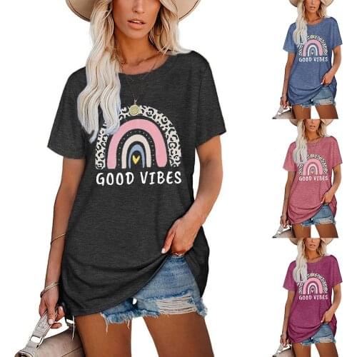 GOOD VIBES Rainbow Printed Women T Shirt Fashion Summer Tops O-Neck Short Sleeve Cotton Harajuku T Shirt Femme Loose Plus Size