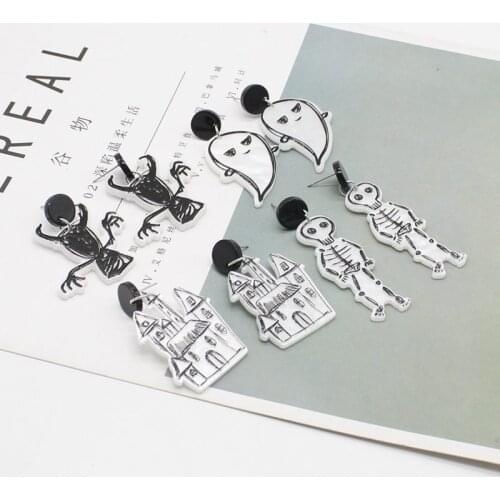 Gothic Halloween Womens Earrings Ghost Castle Skull Black and White Graffiti Acrylic Earrings Harajuku Jewelry Gifts