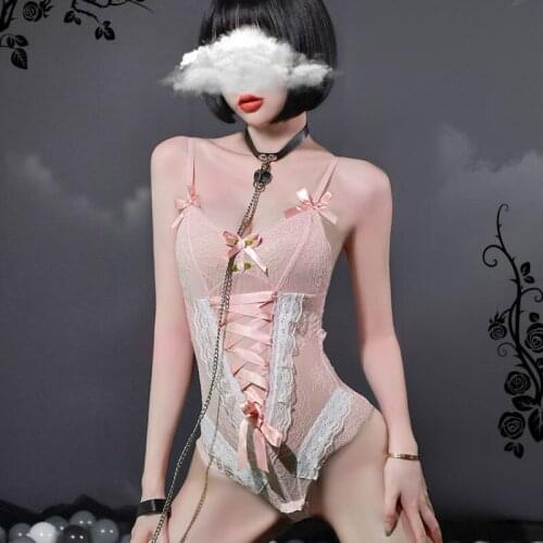 Guieuo Sexy Lace Up Onesies Japanese Kawaii Lace Up Bodysuit Womens Beauty Back Deep V Tempatation Catsuit Cute Girls Underwear