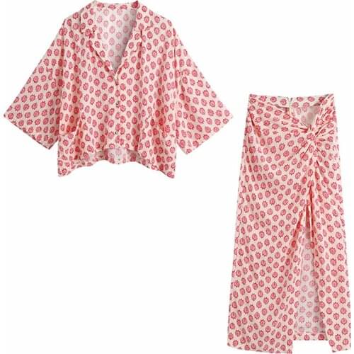 Klacwaya 2021 Women Two-Piece Elegant Floral Print Loose Kimono Blouse Pocket Tops Chic Knotted Split Sarong Skirt Faldas Mujer