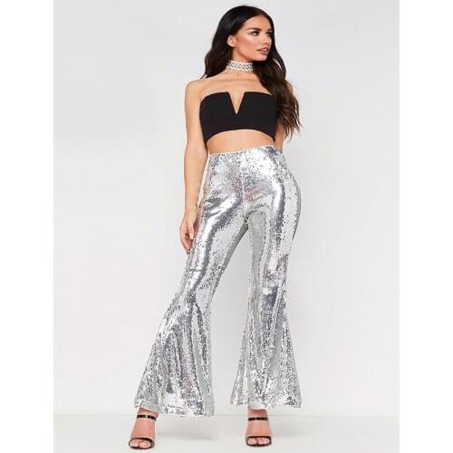 Clubwear Long Wide Leg Sequin Pants Woman Glitter Silver Black High Waist Trousers for Female Party Dance Flared Legs Pants 2019