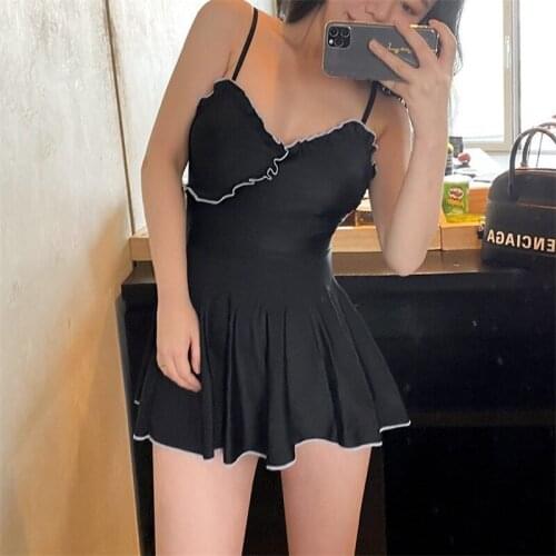 Ruffle Push Up Swimsuit Women Bodysuit Straps One Piece Swimwear Black Monokini Beach Bathing Suit Summer Swim Wear with Skirt