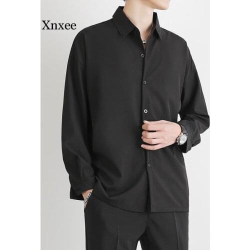Summer Slim Casual Mens Shirt Mens Long Sleeved Tee Fathion Loose Solid Fit Plus Size Drape Lapel Simple Gentleman Blouses