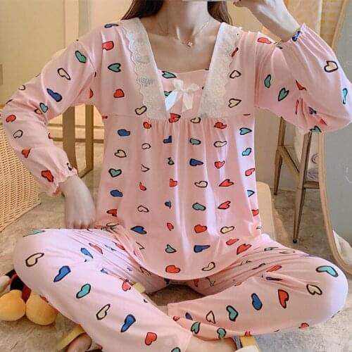 Sweet Girl Fashion Pajama Set Autumn Female Cut Print Pullover Top 2 pcs Nightwear Suit Ladies Pajamas Sets