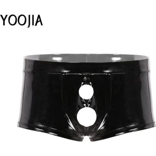 YOOJIA Mens Patent Leather Lingerie Low Rise Underwear Bulge Pouch Holes Sissy Boxer Briefs Panties Shorts Underwear Clubwear