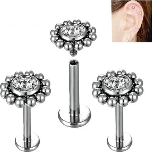 New G23Titanium Piercing Earring Push In CZ Set Beads Surround Side Tops Labret Lip Stud Rings Ear Helix Tragus Piercing Jewelry