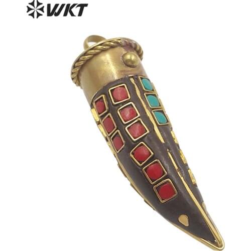 WT-P1528 WKT New Arrival Nepal Boho Style Pendant Horn Shape Pendant Multicolor Square Gold Trim Fashion Pendant Jewelry Finding