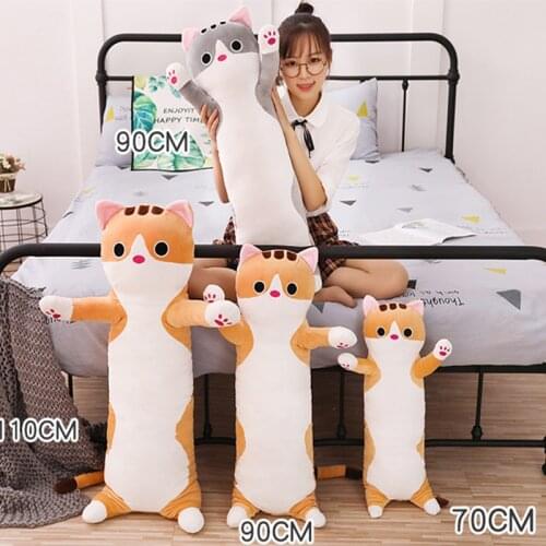 Cartoon Cat Kitten Animals Plush Toy Long Soft Bunny Pillow Sleeping Companion Bolster Toys Brown Grey 70/90/110cm