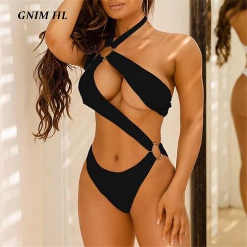 GNIM One Piece Swimwear Women Sexy Hollow Out Bandage Bikini Mujer 2021 Black Swimsuit High Cut Halter New Bathing Suit Biquinis