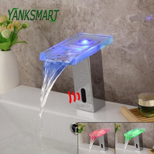 YANKSMART LED Color Change Glass Induction Bathroom Waterfall Faucet Touch Sensor Faucets Deck Mounted Cold/Hot Water Mixer Tap