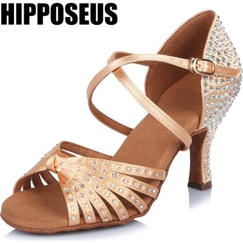 Hipposeus Rhinestone Dance-Shoes For Girls Ladies Women Ballroom Latin Shoes Modern Tango Jazz Dancing Shoes Heels Salsa Sandals