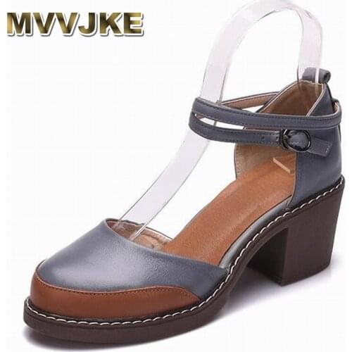 MVVJKE 2018 Shoes Woman 100% Genuine Leather Women Pumps Lady Leather Round Toe Platform Shallow Mouth Shoes Size 34-40 E153