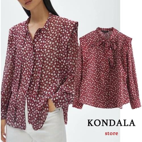 Women Chic Red Floral Print Ruffles Shirts Za 2021 Long Sleeve Vintage Loose Blouses Elegant Mujer Tops