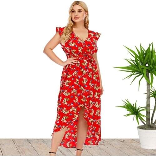 Plus Size Red Dress 5XL Slit Ruffle Sleeve Bohemian Elegant Dresses 2021 Womens V-Neck Print Ankle Skirt High Waist Belt Party