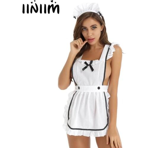 Womens Ladies Lingerie Sexy Parties Maid Dress Retro Apron Cooking Cleaning Dress Up Cosplay Sexy Exotic Costume with Thongs